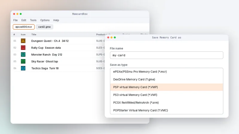 MemcardRex Save Memory Card as dialog with the PSP virtual Memory Card format selected