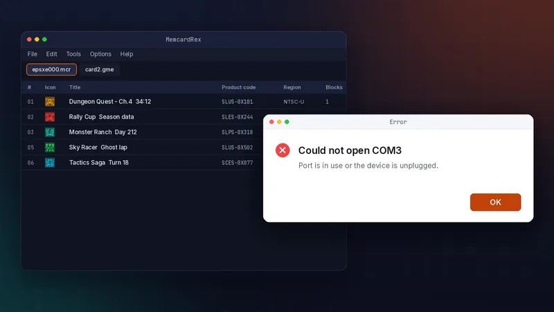 MemcardRex with an error dialog saying it could not open COM3 because the port is in use