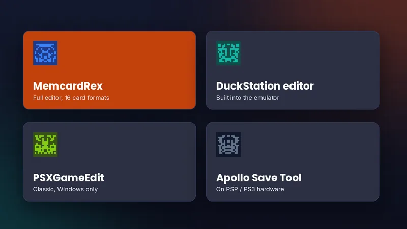 Four cards comparing MemcardRex, DuckStation editor, PSXGameEdit and Apollo Save Tool