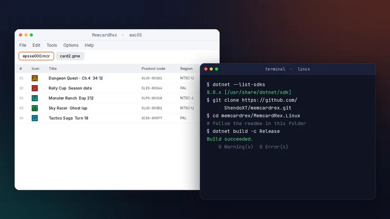 MemcardRex running on macOS beside a Linux terminal building MemcardRex with dotnet