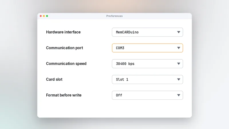 MemcardRex Preferences dialog with MemCARDuino selected as the hardware interface and COM3 as the port