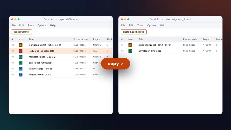 Two MemcardRex windows side by side with a save being copied from an ePSXe card to a DuckStation card