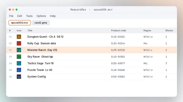 MemcardRex main window: saves listed with icons, codes and regions