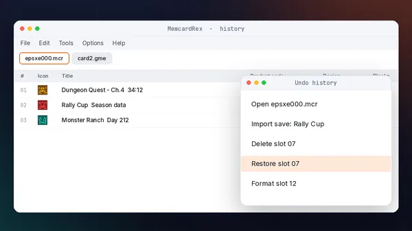 MemcardRex undo history: step back through every change
